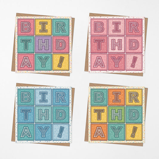 Unique colourful typographic birthday card multipack Pack of unique birthday cards Printed on FSC-certified card with kraft brown recycled envelopes Blank inside