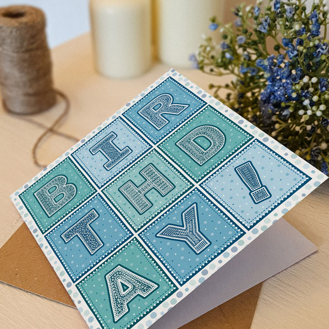 Blue and turquoise typographic birthday card Part of the unique colourful typographic birthday card multipack Printed on FSC-certified card with kraft brown recycled envelopes Blank inside