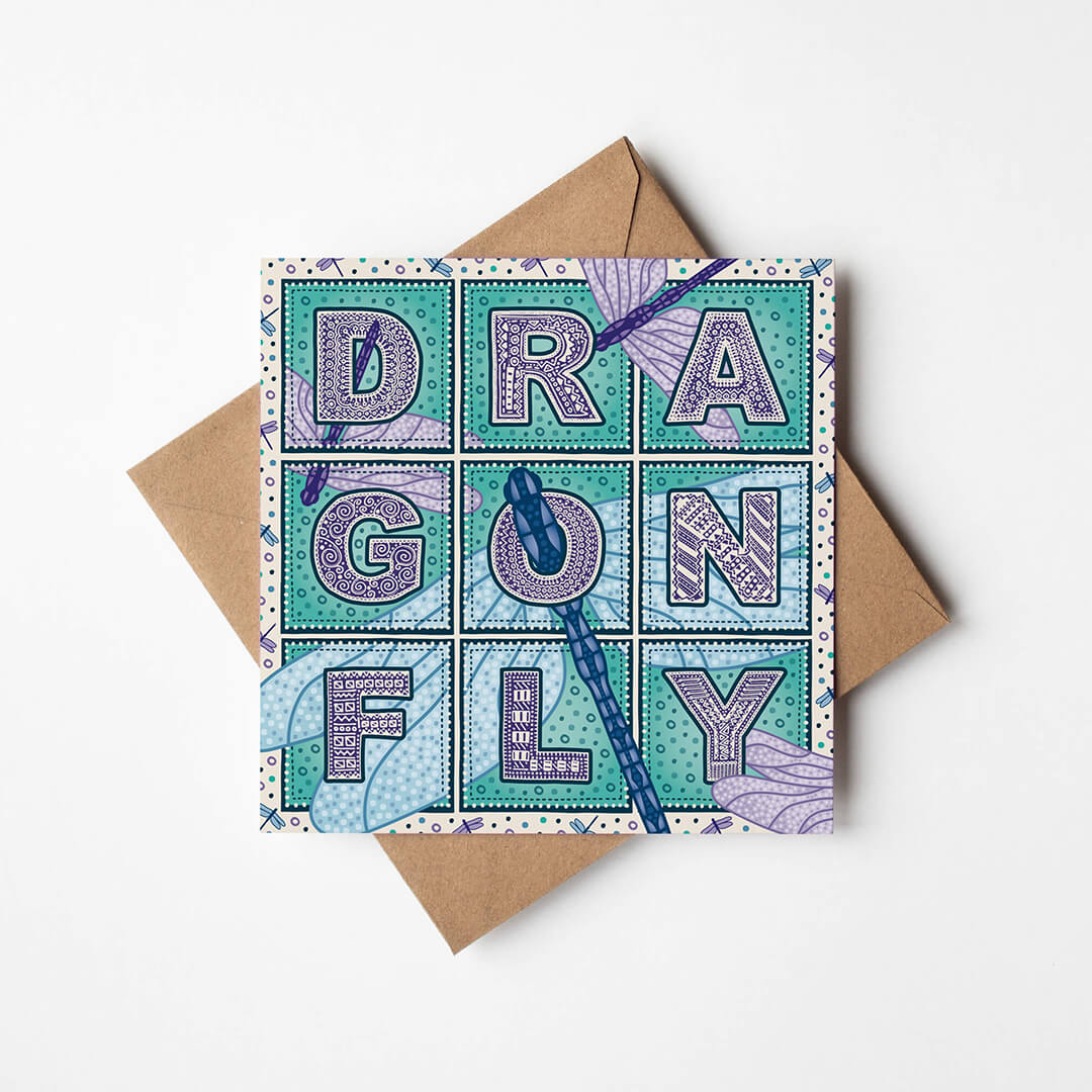 Turquoise unique dragonfly card Beautiful typographic greeting card Supplied with kraft brown recycled envelope Blank inside