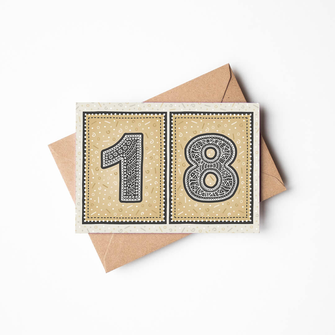 unique black and gold 18th birthday card with kraft brown recycled envelope