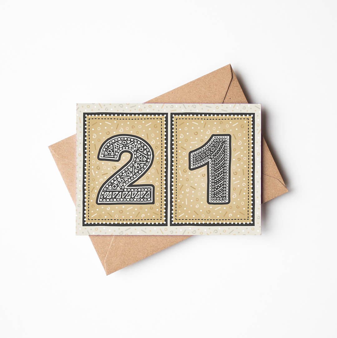 unique gold 21st birthday card with kraft brown recycled envelope