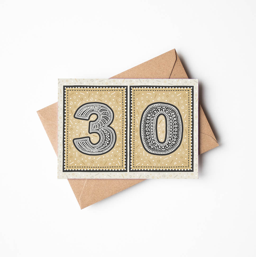 unique gold 30th birthday card with recycled kraft brown envelope