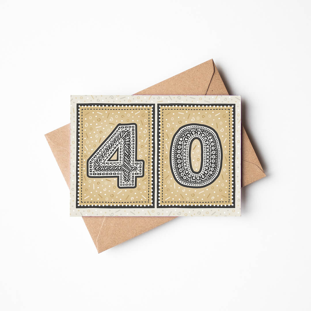 unique gold 40th birthday card with recycled kraft brown envelope