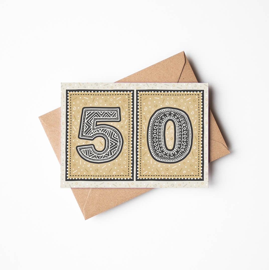 unique gold 50th birthday card with recycled kraft brown envelope