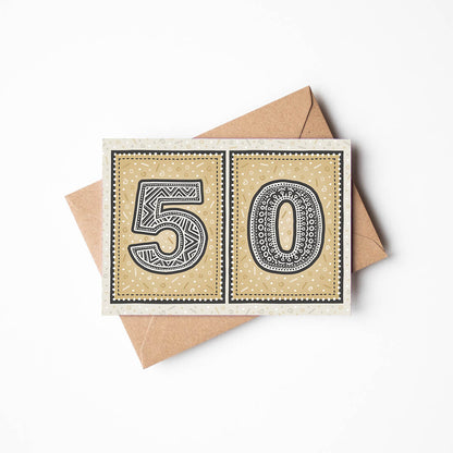 unique gold 50th birthday card with recycled kraft brown envelope