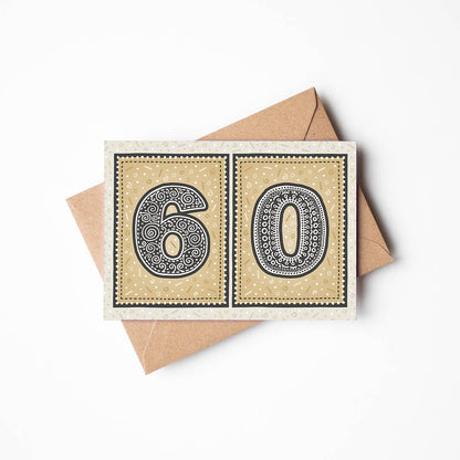 unique gold 60th birthday card with recycled kraft brown envelope