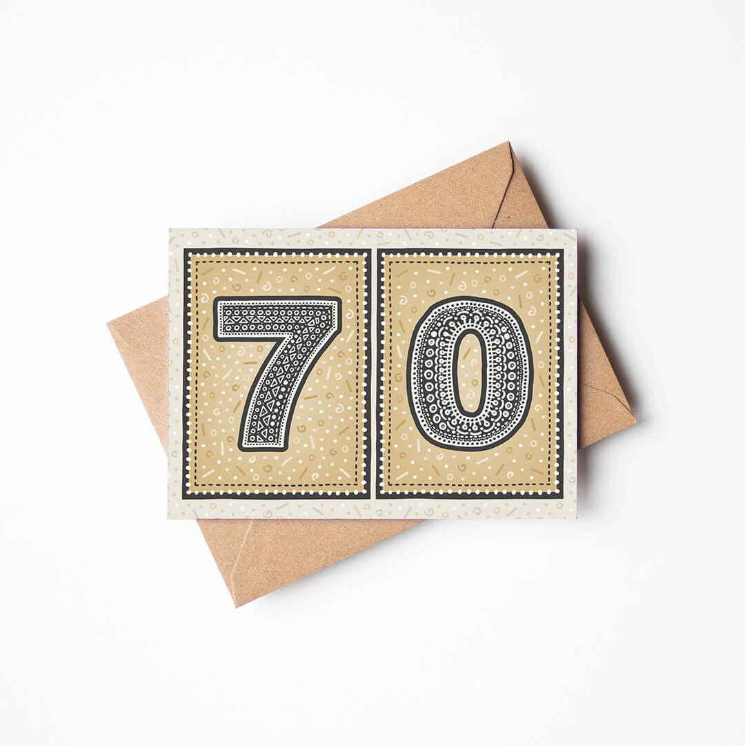 unique gold 70th birthday card with recycled kraft brown envelope