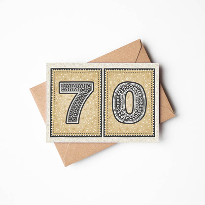 unique gold 70th birthday card with recycled kraft brown envelope
