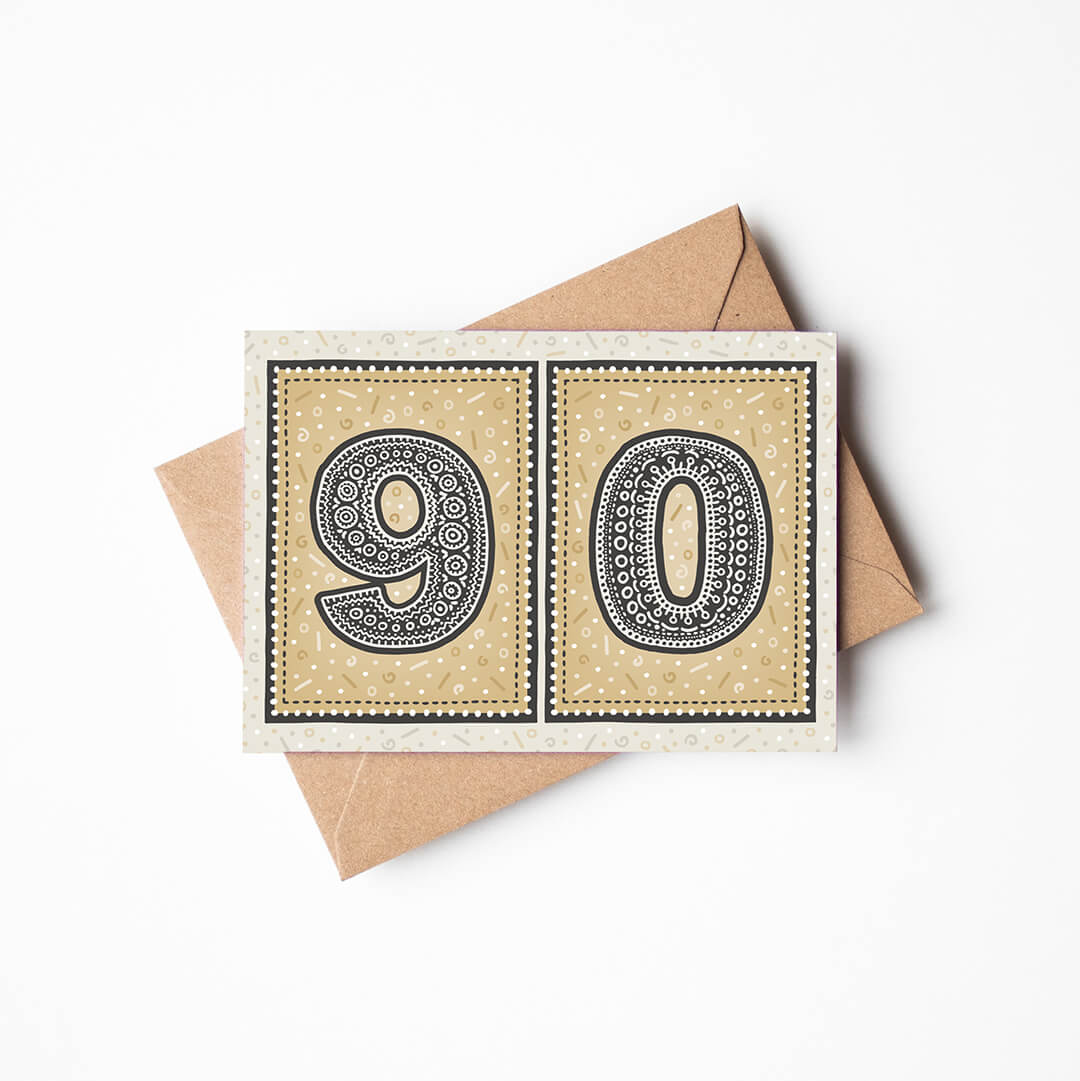 unique gold 90th birthday card with recycled kraft brown envelope