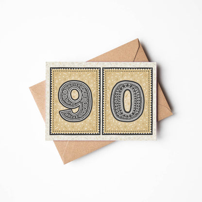 unique gold 90th birthday card with recycled kraft brown envelope