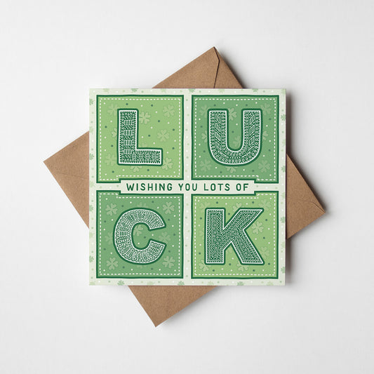 green typographic good luck card Unique good luck card Kraft brown recycled envelope Blank inside