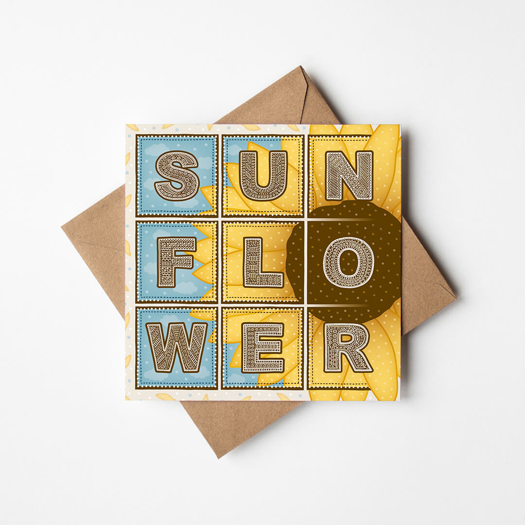 Blue and yellow sunflower greeting card with 'SUNFLOWER' text and sunflower illustration on a white background.