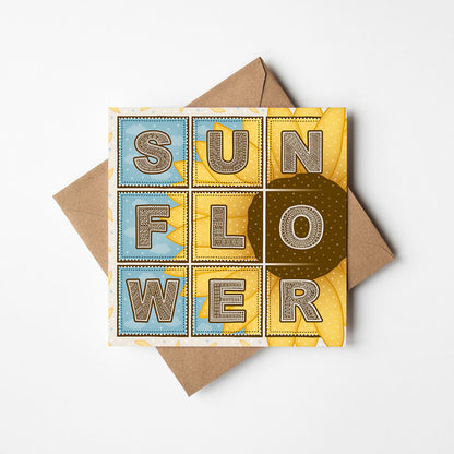 Blue and yellow sunflower greeting card with 'SUNFLOWER' text and sunflower illustration on a white background.