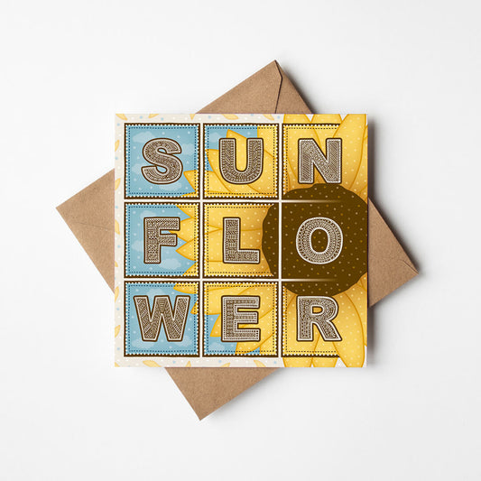 Blue and yellow sunflower greeting card with 'SUNFLOWER' text and sunflower illustration on a white background.