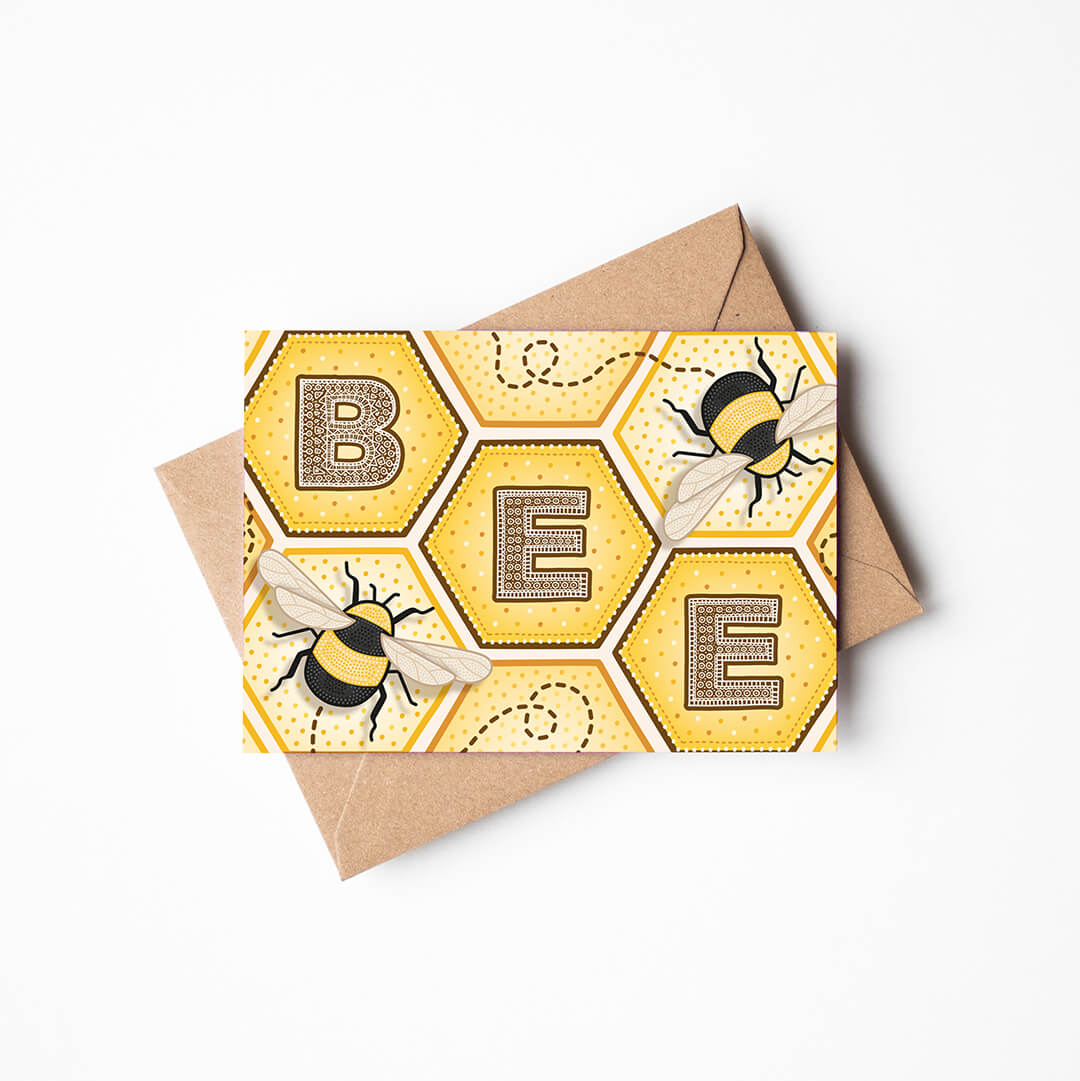 Bee greeting card with bee illustrations, detailed typography and honeycomb design on a white background