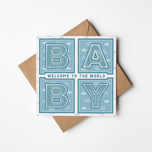 blue welcome to the world baby new baby card Supplied with kraft brown recycled envelope Blank inside
