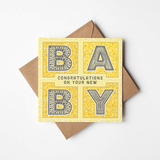 cute yellow gender neutral new baby card Typographic new baby card Supplied with kraft brown recycled envelope Blank inside