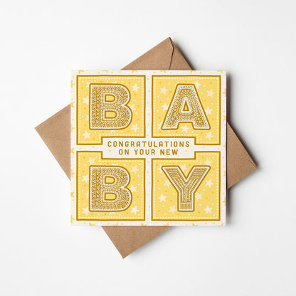 yellow gender neutral new baby card Printed on fsc-certified card Supplied with kraft brown recycled envelope Blank inside