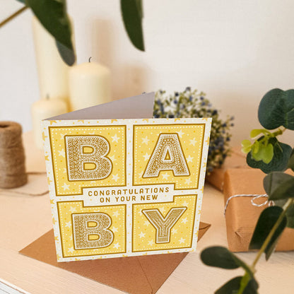 Yellow gender neutral new baby card Yellow unisex new baby card Supplied with kraft brown recycled envelope Blank inside