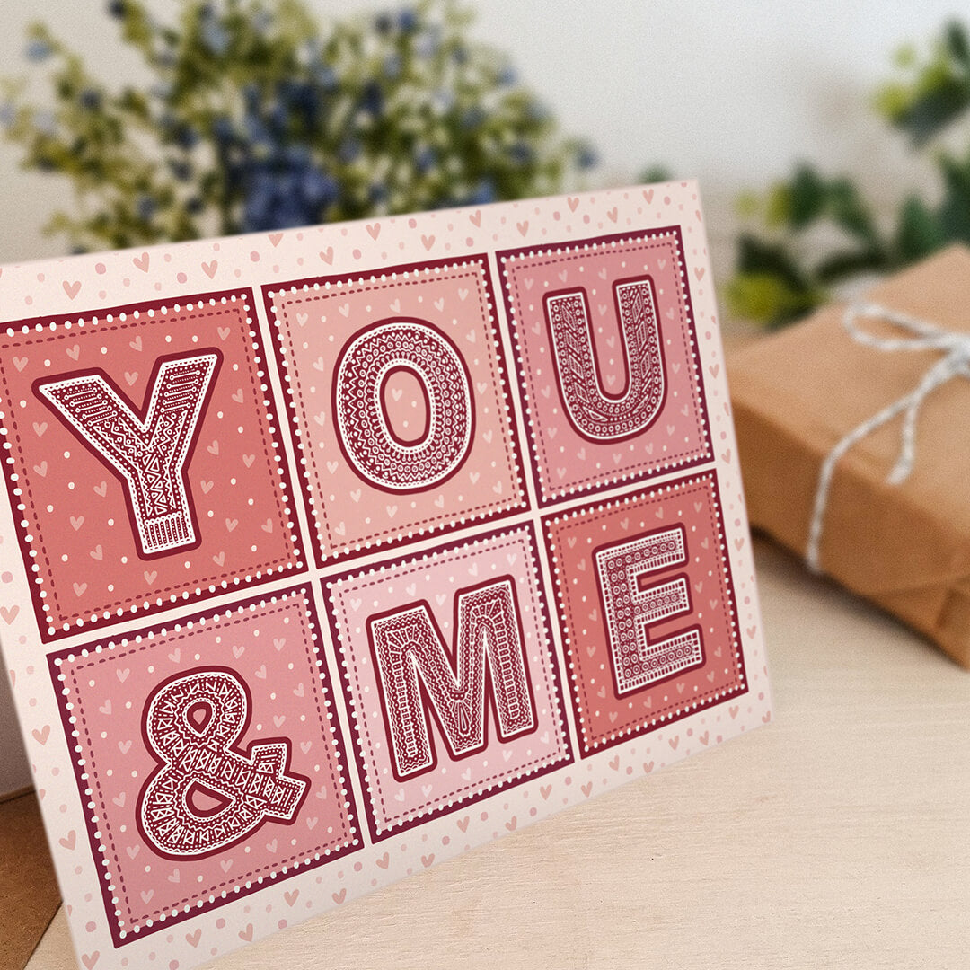 Red and pink typographic You & Me Valentine's Day card Cute unique Valentine's Day card Printed on FSC-certified card with kraft brown recycled envelope Blank inside