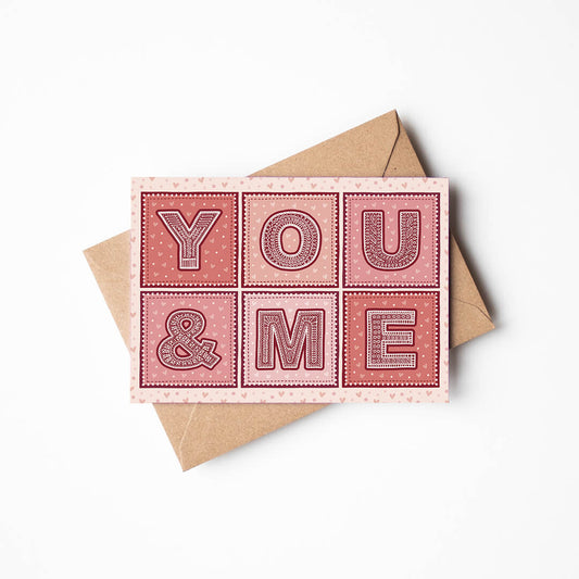 Red and pink typographic You and Me Valentine's Day card Unique cute Valentine's Day card Printed on FSC-certified card with kraft brown recycled envelope Blank inside