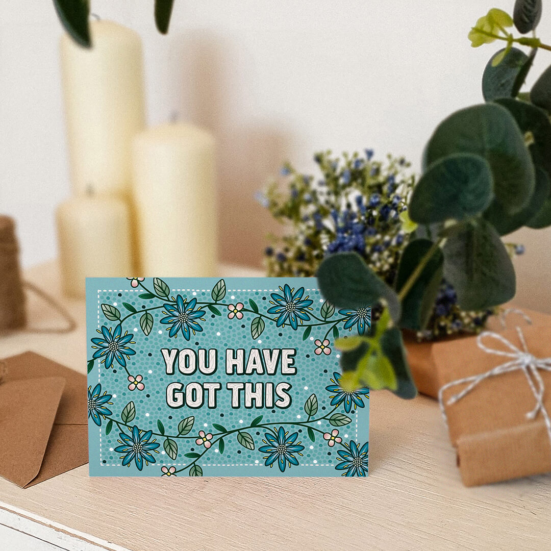 turquoise floral encouragement card with you have got this message blank inside recycled kraft brown envelope