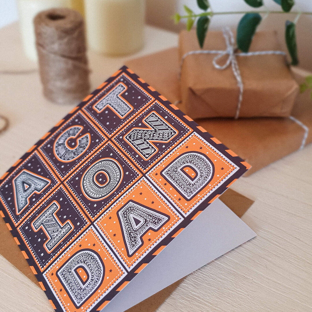 Action Dad Superhero Father's Day card Bold and unique black orange Father's Day card Printed on recycled card Kraft brown recycled envelope