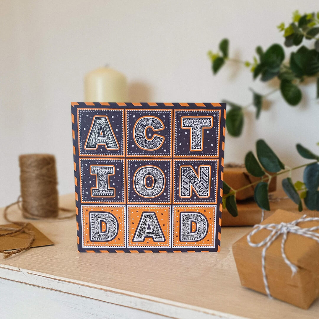 Black orange Action Dad Superhero Father's Day card For tough hero hardworking Dads Printed on recycled card