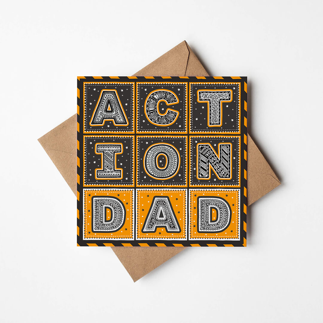 Black and orange Action Dad Typographic Superhero Father's Day card Typographic Action Dad design Printed on recycled card Blank inside