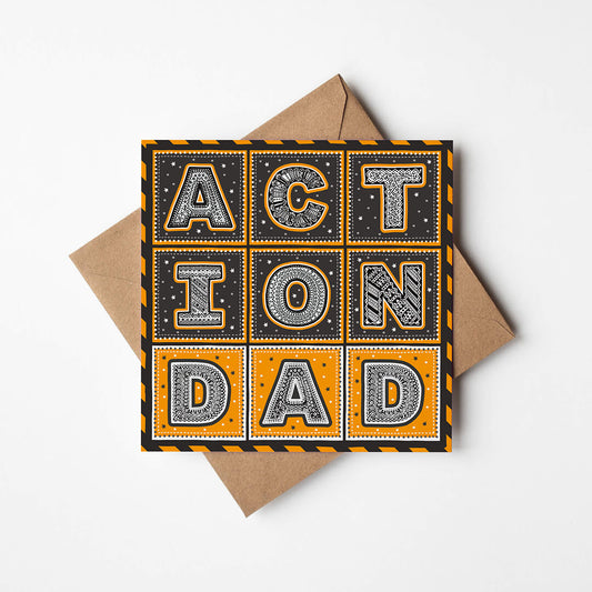 Black and orange Action Dad Typographic Superhero Father's Day card Typographic Action Dad design Printed on recycled card Blank inside