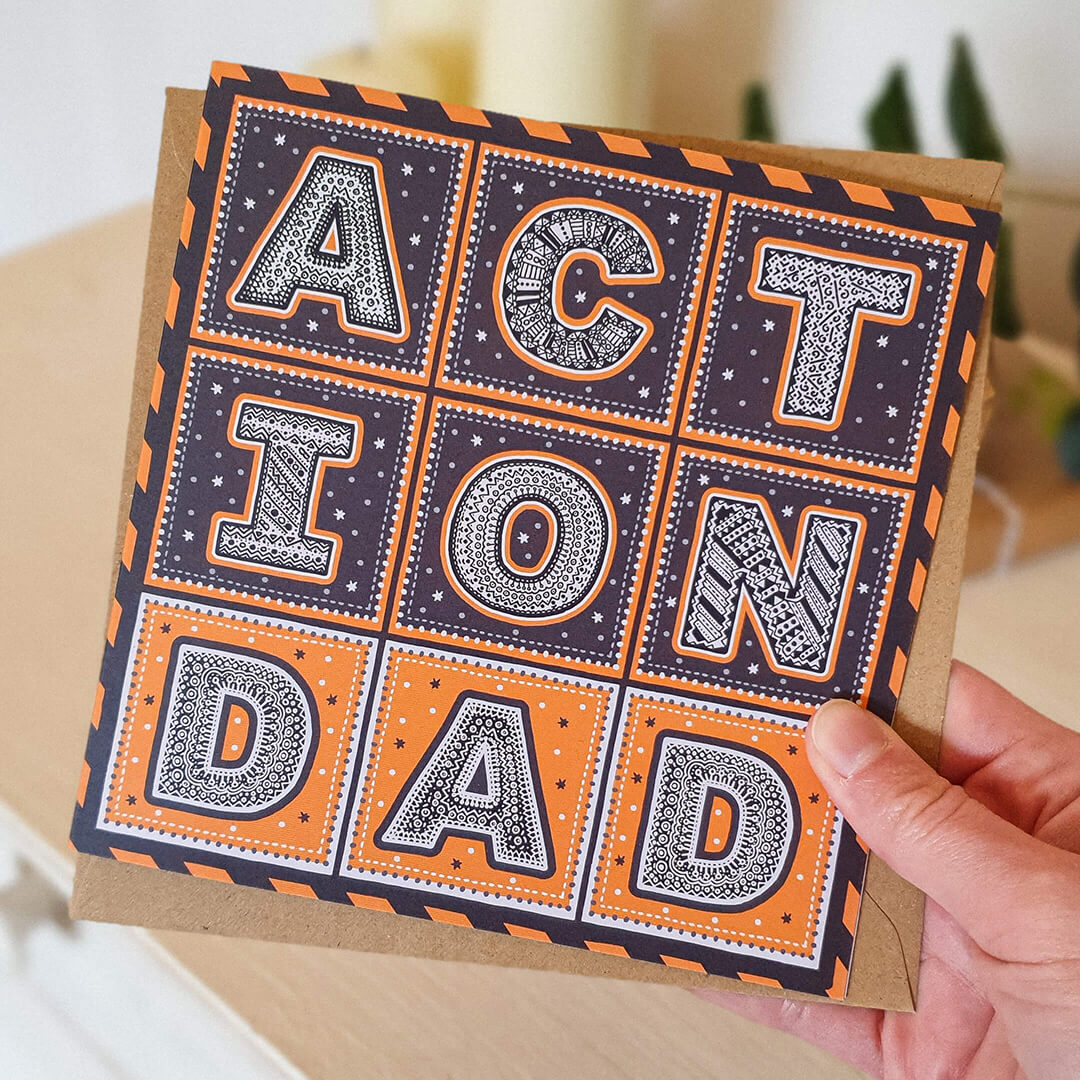 Hand holding Action Dad Superhero Father's Day card Unique typographic Father's Day card Printed on recycled card Supplied with kraft brown recycled envelope