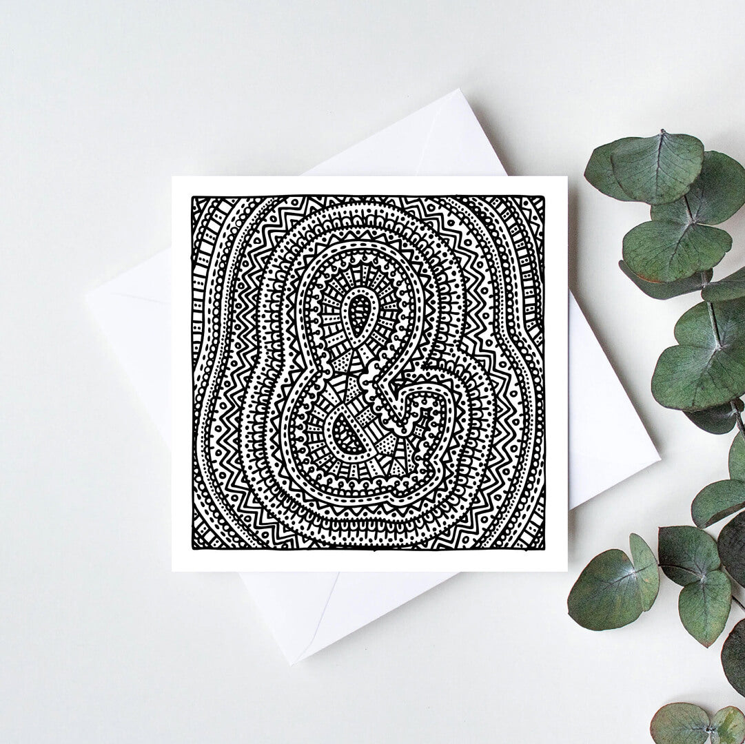 Patterned ampersand colouring in card Black white Ampersand illustration Unique typographic greeting card Blank inside