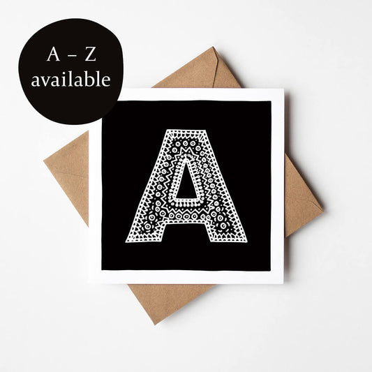 Unique monochrome letter A card Patterned typographic greeting card Black white initial cards Blank inside