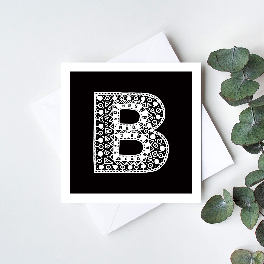 Unique monochrome letter B card Patterned typographic greeting card Black white initial cards Blank inside