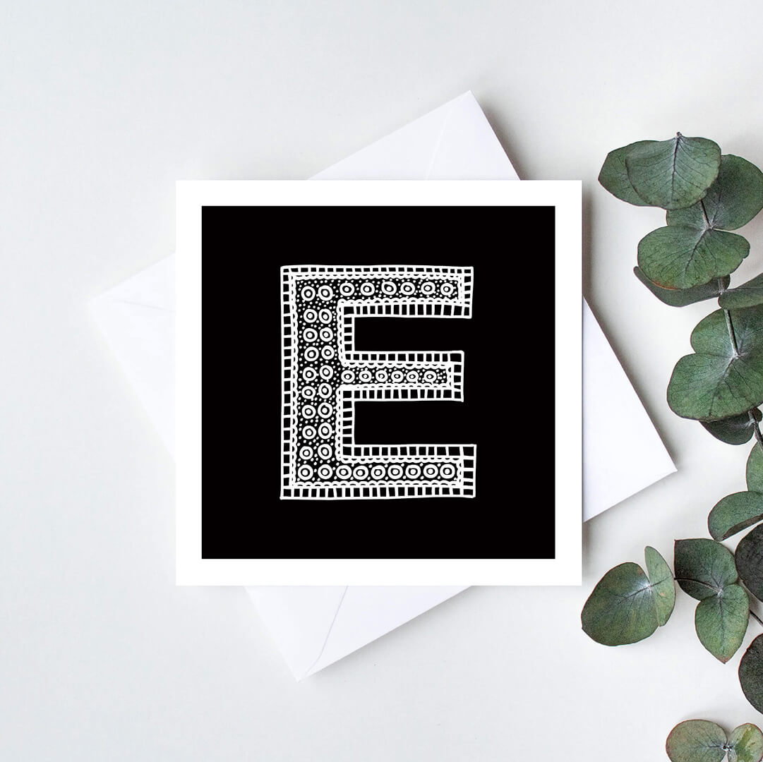 Unique monochrome letter E card Patterned typographic greeting card Black white initial cards Blank inside