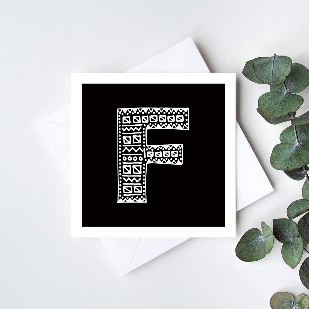 Unique monochrome letter F card Patterned typographic greeting card Black white initial cards Blank inside