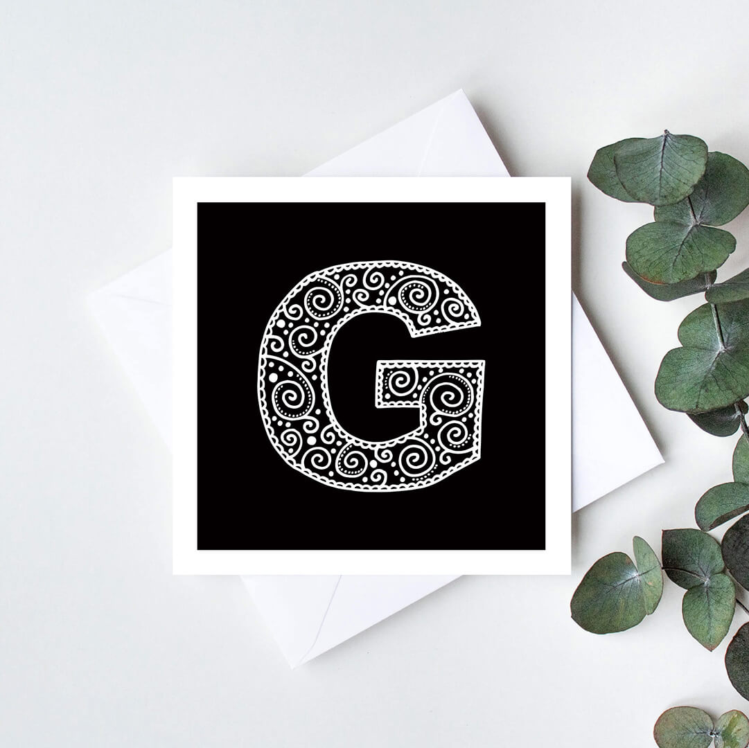 Unique monochrome letter G card Patterned typographic greeting card Black white initial cards Blank inside