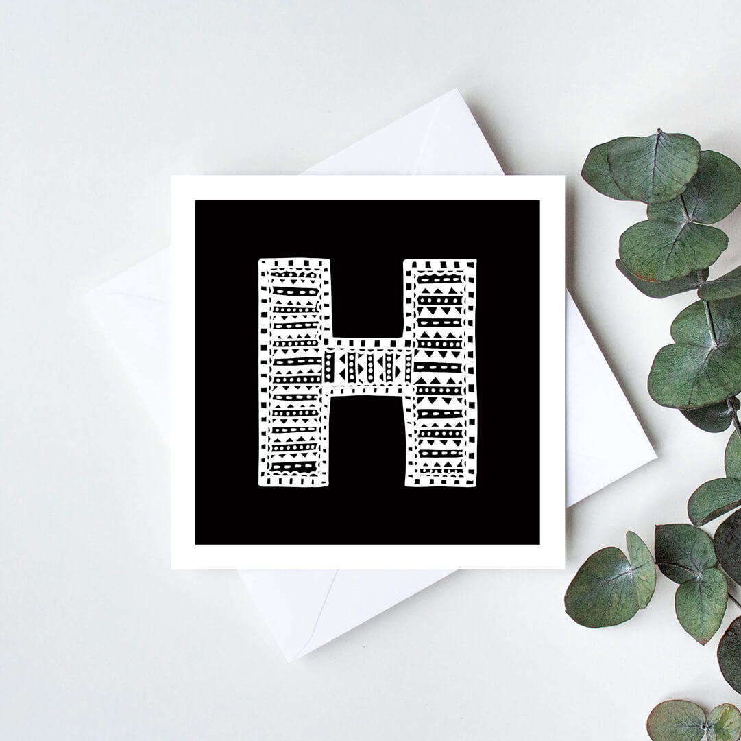 Unique monochrome letter H card Patterned typographic greeting card Black white initial cards Blank inside