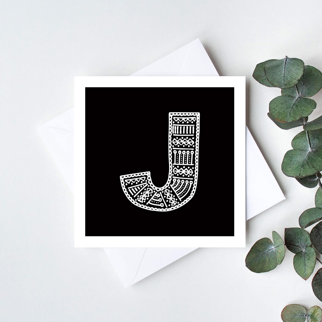 Unique monochrome letter J card Patterned typographic greeting card Black white initial cards Blank inside