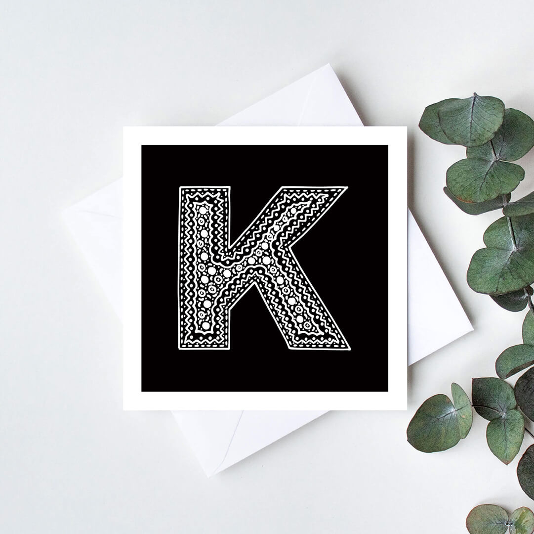 Unique monochrome letter K card Patterned typographic greeting card Black white initial cards Blank inside