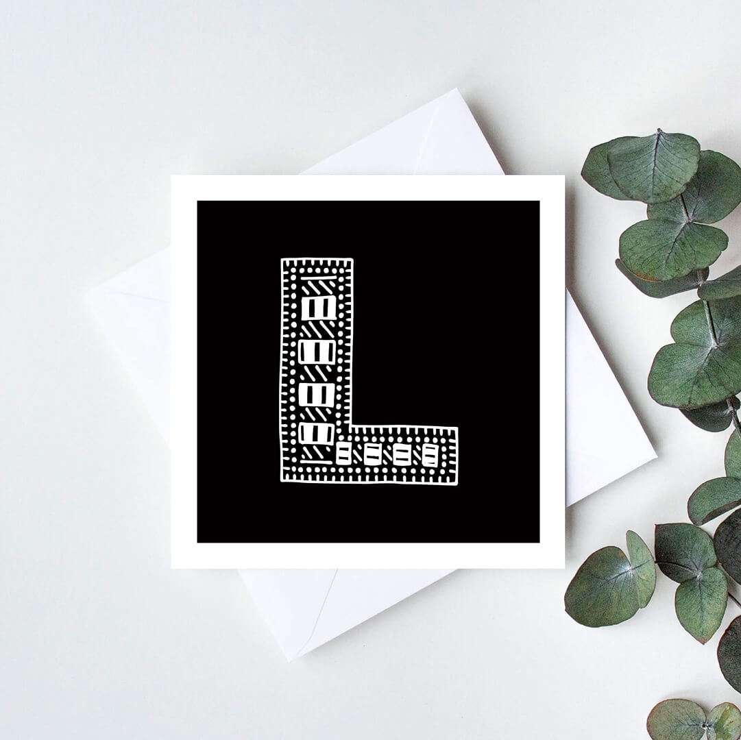 Unique monochrome letter L card Patterned typographic greeting card Black white initial cards Blank inside