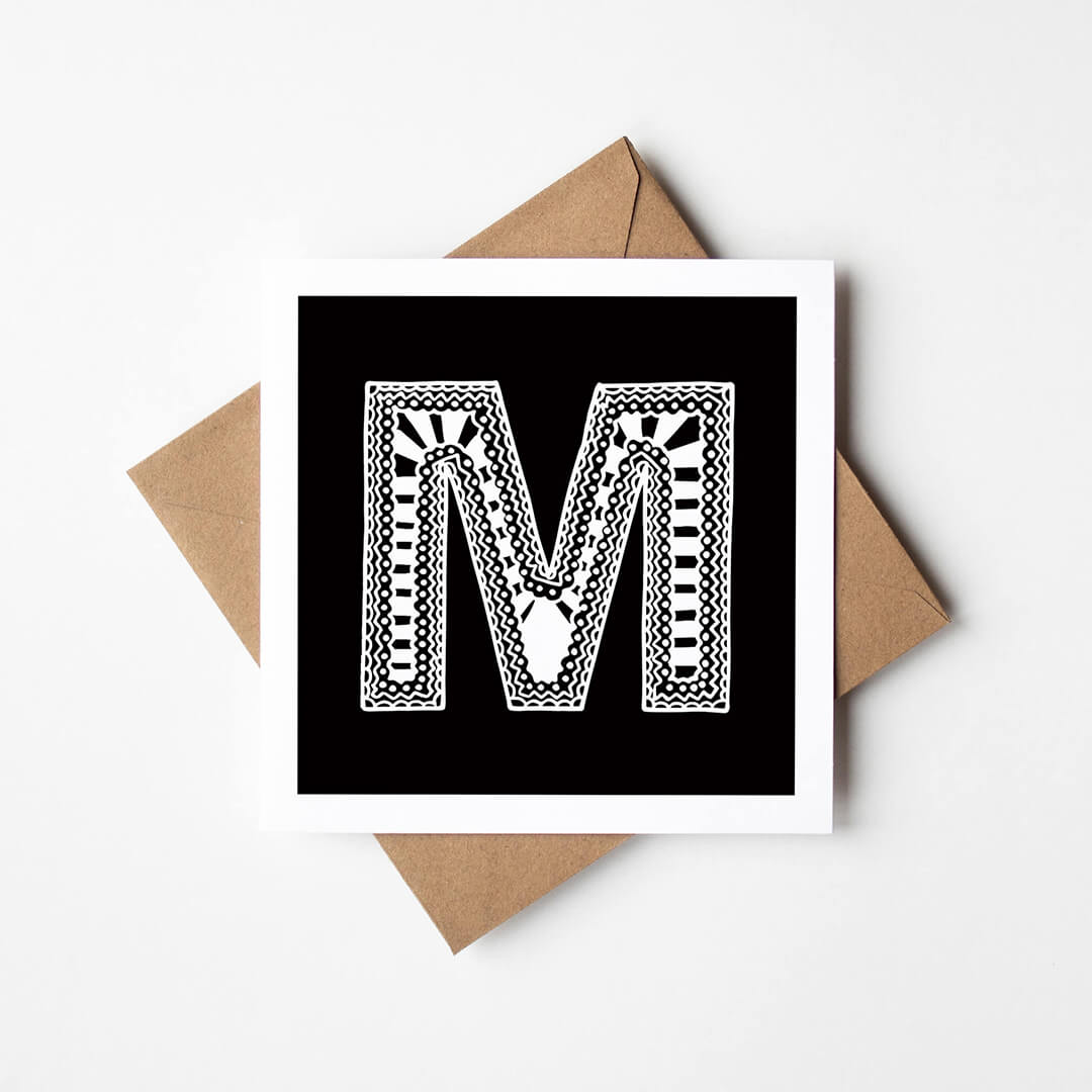 Unique monochrome letter M card Patterned typographic greeting card Black white initial cards Blank inside