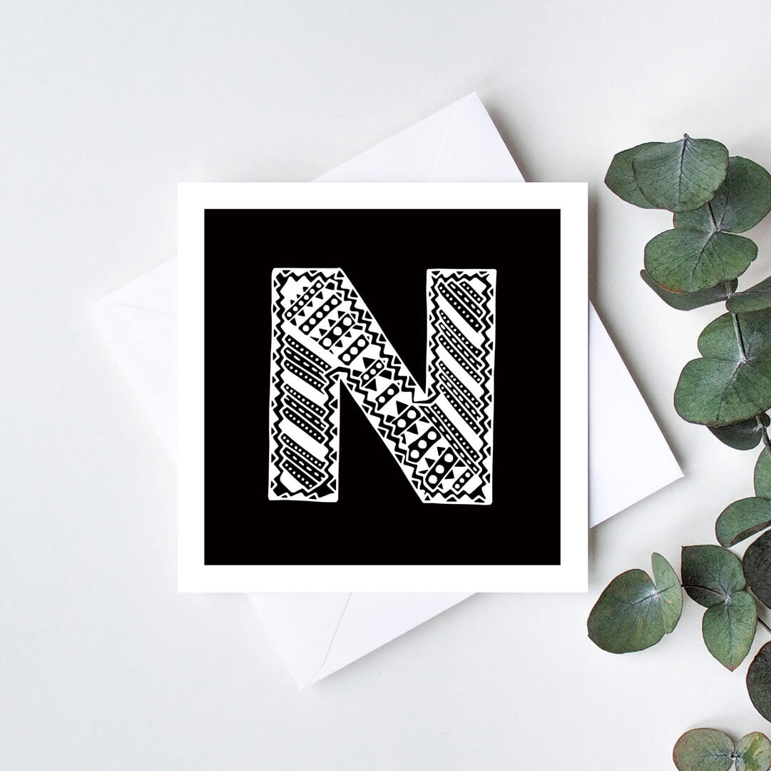 Unique monochrome letter N card Patterned typographic greeting card Black white initial cards Blank inside