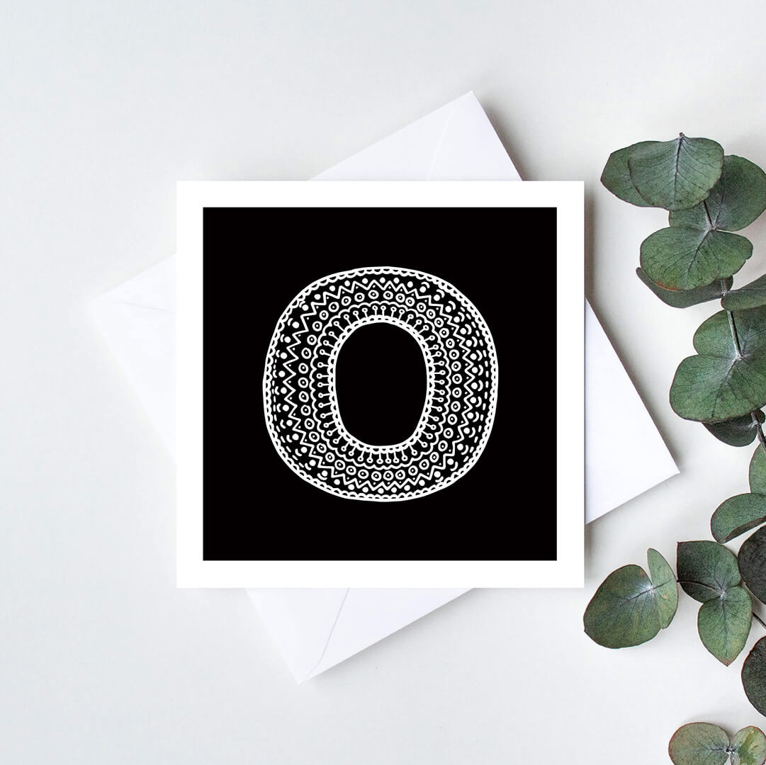 Unique monochrome letter O card Patterned typographic greeting card Black white initial cards Blank inside