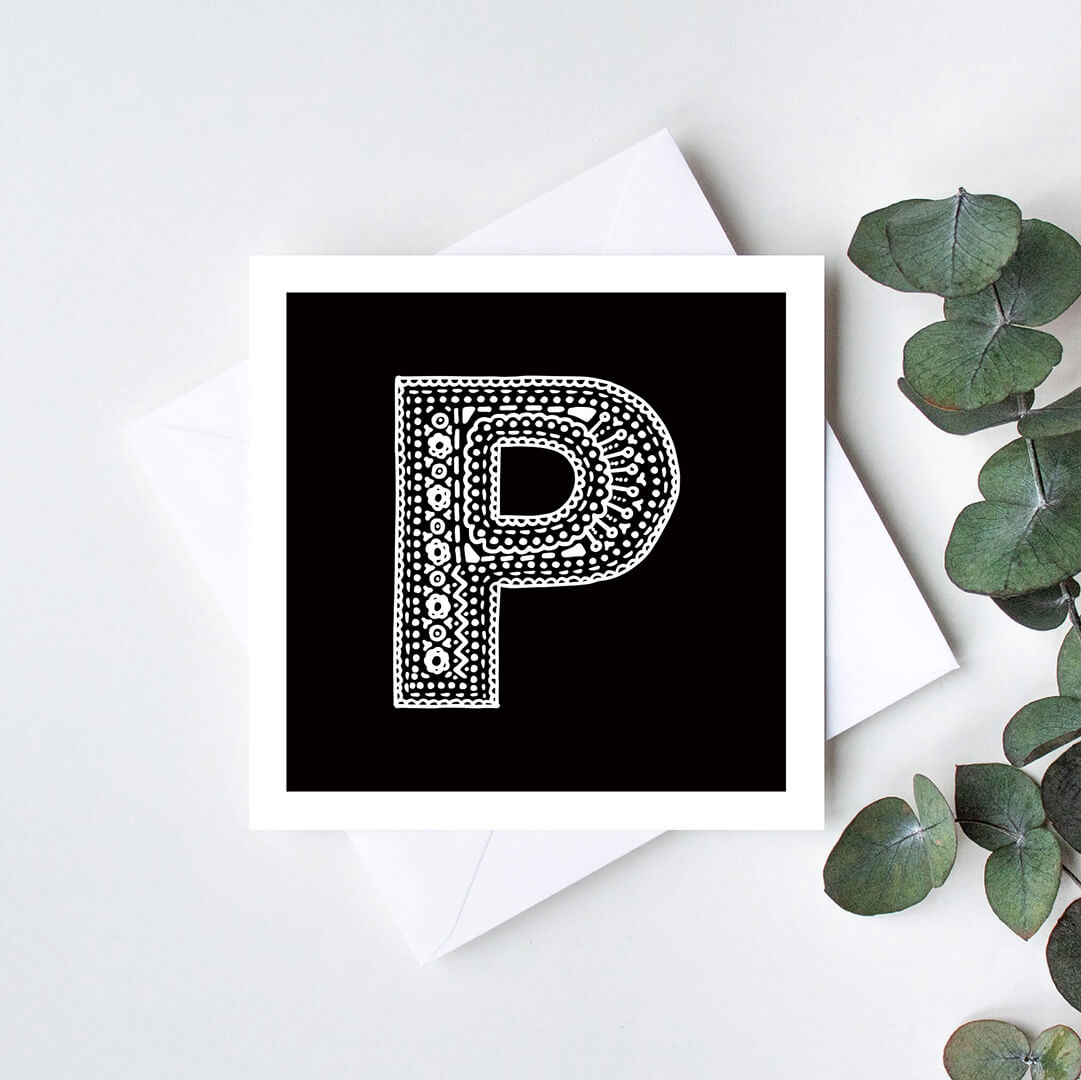 Unique monochrome letter P card Patterned typographic greeting card Black white initial cards Blank inside