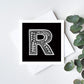 Unique monochrome letter R card Patterned typographic greeting card Black white initial cards Blank inside