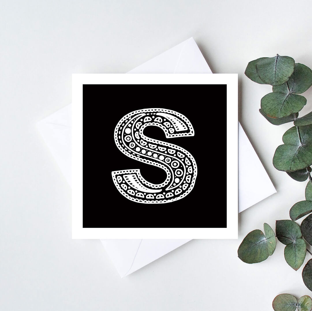 Unique monochrome letter S card Patterned typographic greeting card Black white initial cards Blank inside