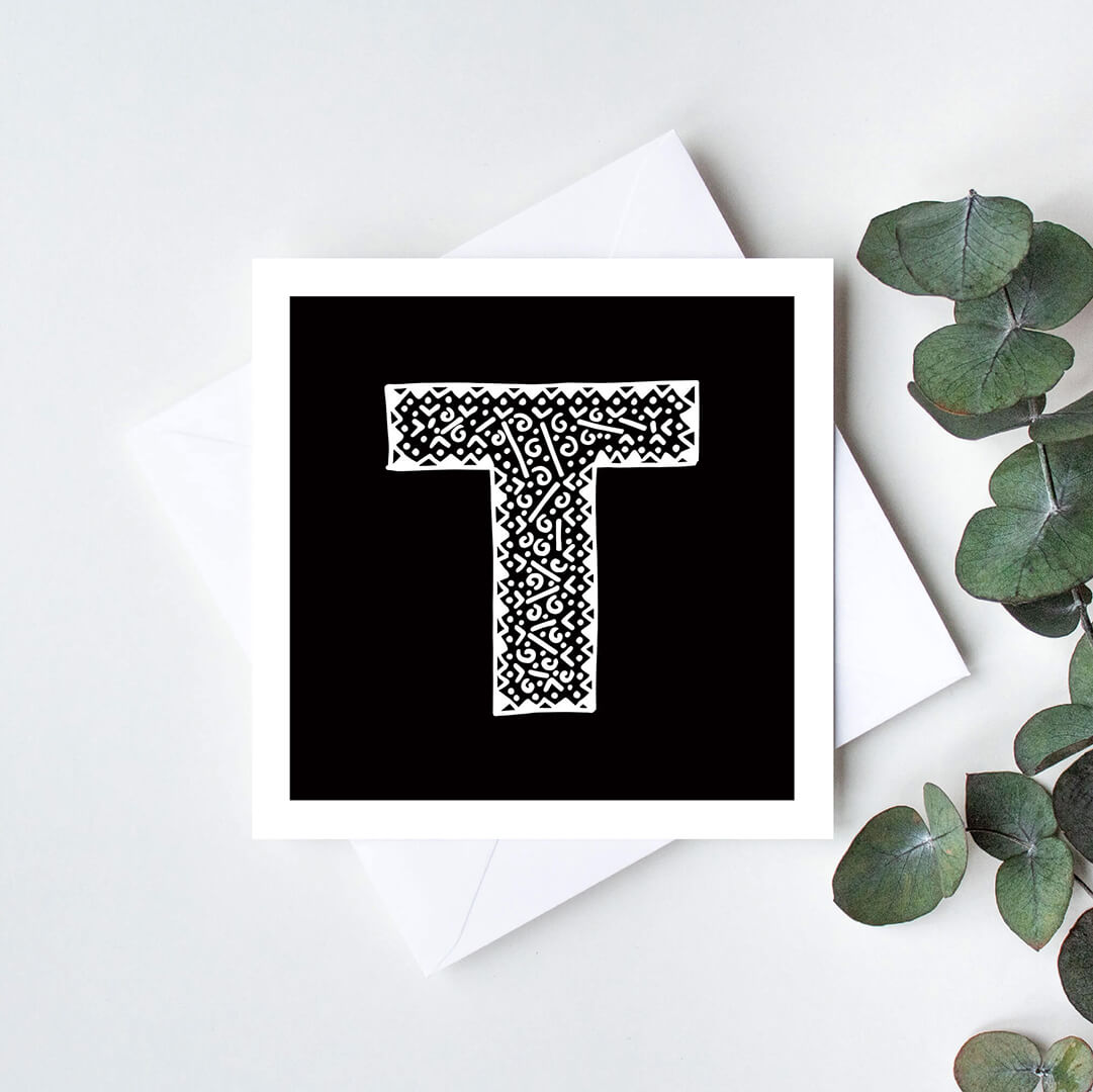 Unique monochrome letter T card Patterned typographic greeting card Black white initial cards Blank inside
