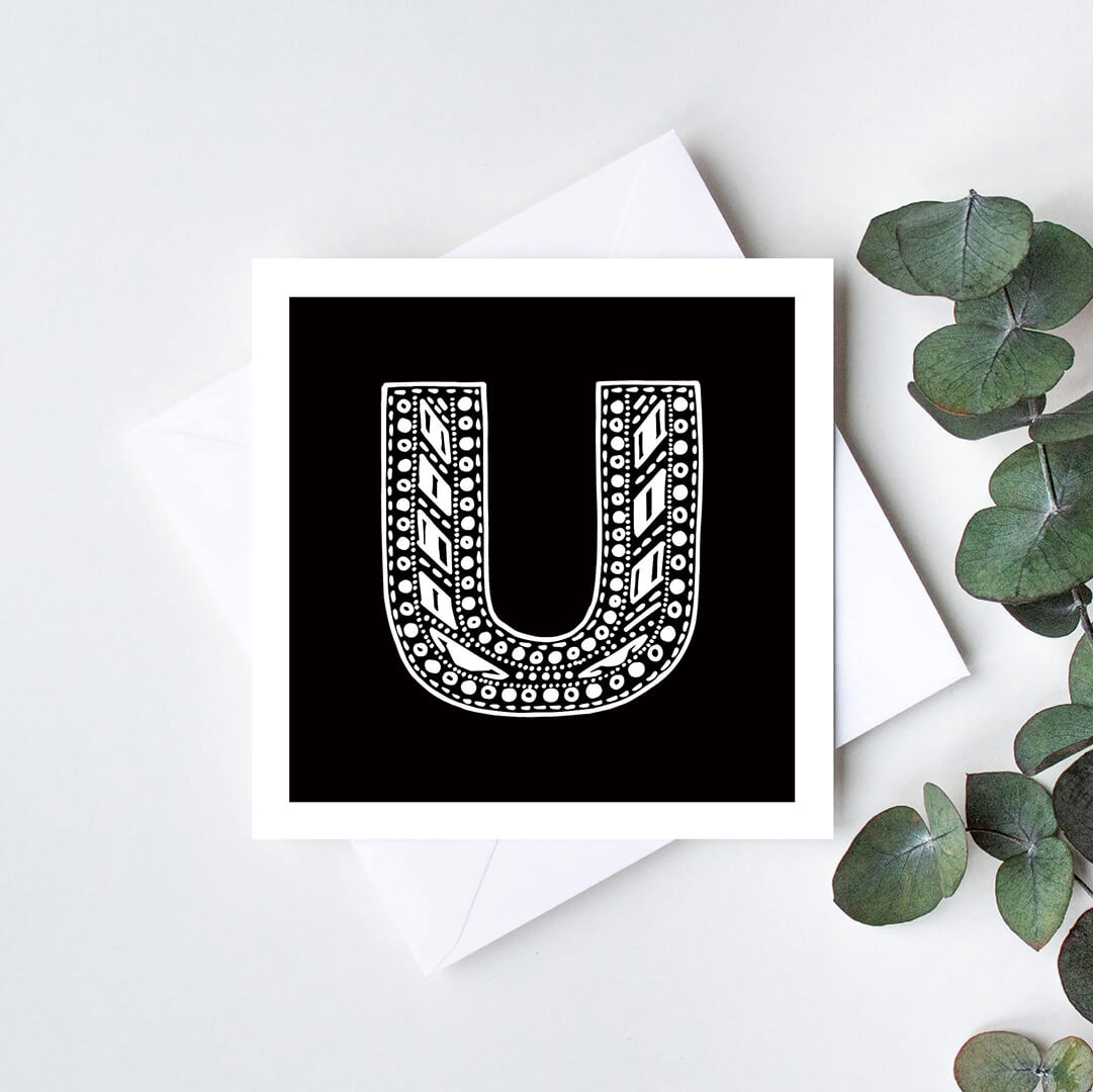 Unique monochrome letter U card Patterned typographic greeting card Black white initial cards Blank inside