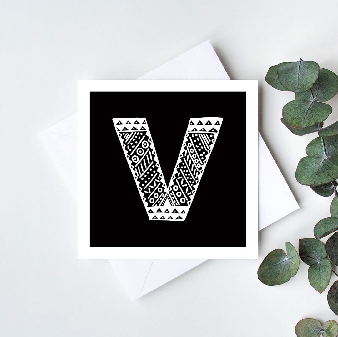 Unique monochrome letter V card Patterned typographic greeting card Black white initial cards Blank inside